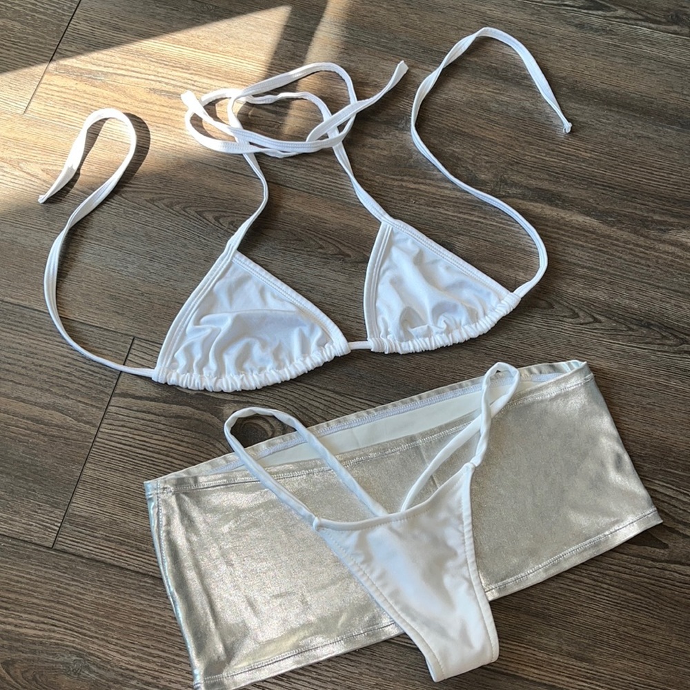White bikini silver skirt thong set stripper metallic stretchy one size dancer